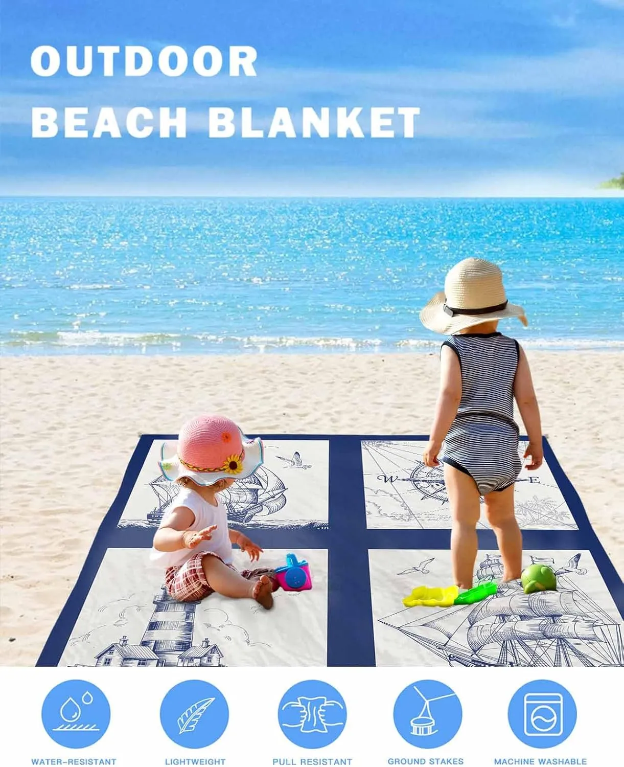 Beach Blanket Sandproof Waterproof Picnic Blankets Navy Blue Compass Sailing Ship Plaid Extra Large Lightweight Outdoor Beach Mat with Corner Pockets for Travel/Camping Nautical Retro Lighthouse