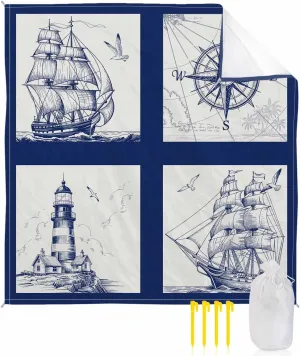 Beach Blanket Sandproof Waterproof Picnic Blankets Navy Blue Compass Sailing Ship Plaid Extra Large Lightweight Outdoor Beach Mat with Corner Pockets for Travel/Camping Nautical Retro Lighthouse