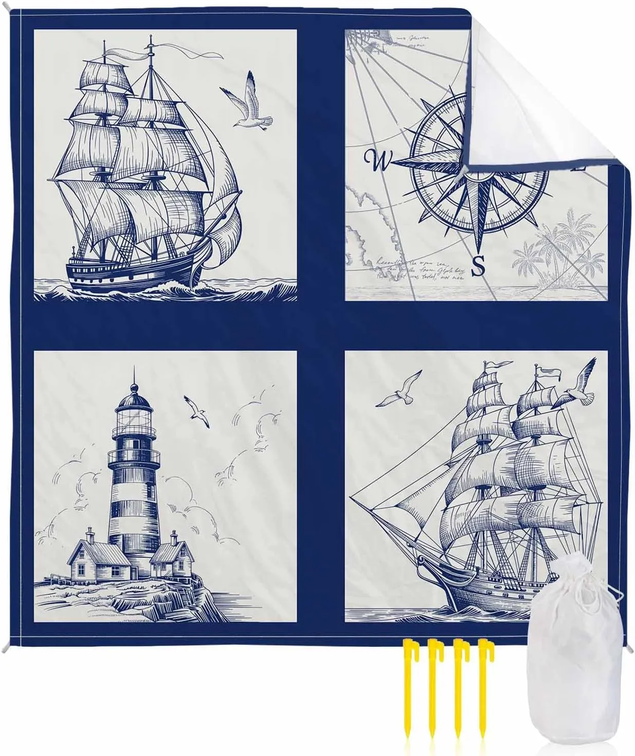 Beach Blanket Sandproof Waterproof Picnic Blankets Navy Blue Compass Sailing Ship Plaid Extra Large Lightweight Outdoor Beach Mat with Corner Pockets for Travel/Camping Nautical Retro Lighthouse