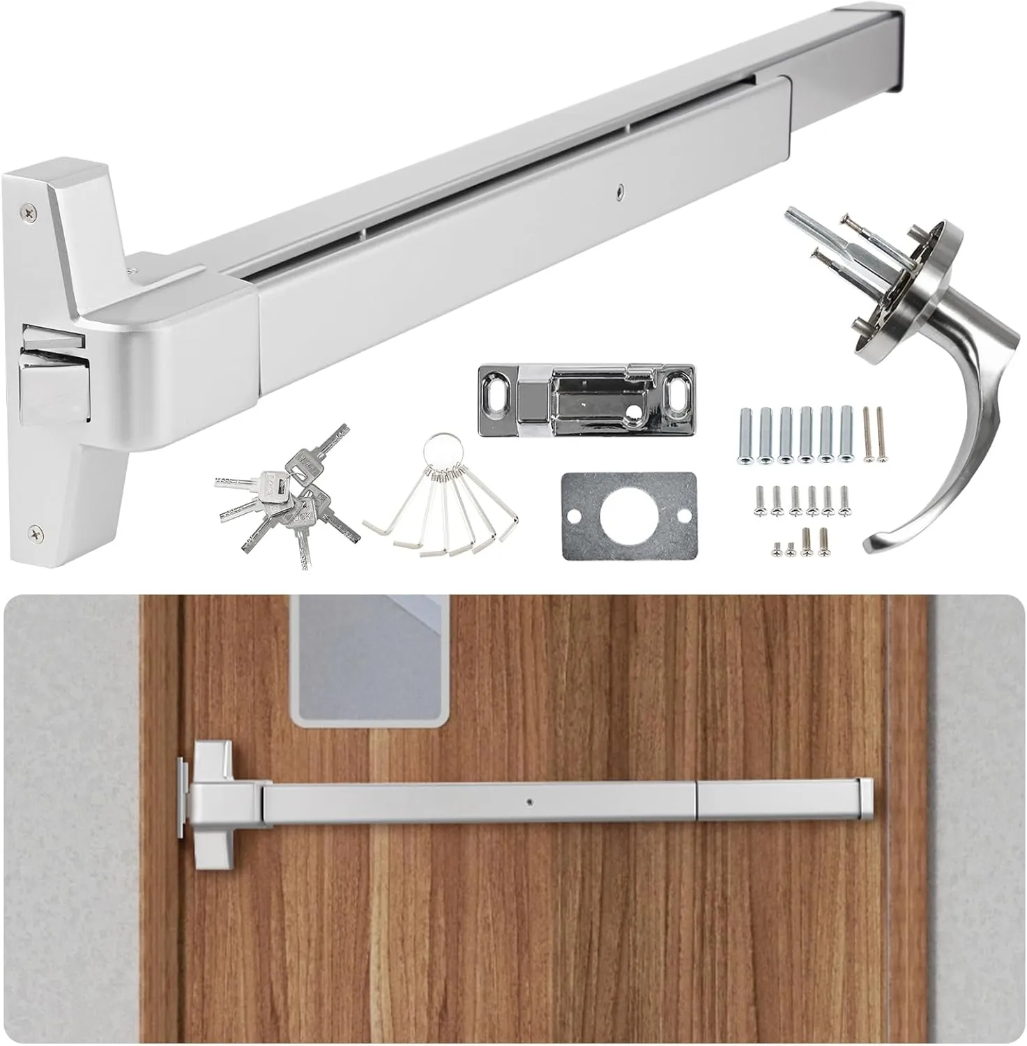 BEAMNOVA 32 inch Commercial Door Push Bar Panic Exit Device Exterior Lever Lock Key Allen Key 2-in-1 Set Roller Strike Plate End Cap, for 32.5 to 47.2 inches Wide Door, Metallic