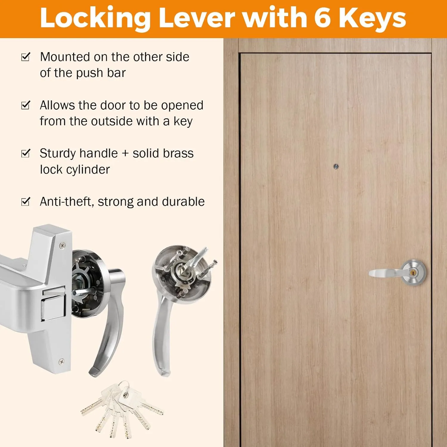 BEAMNOVA 32 inch Commercial Door Push Bar Panic Exit Device Exterior Lever Lock Key Allen Key 2-in-1 Set Roller Strike Plate End Cap, for 32.5 to 47.2 inches Wide Door, Metallic