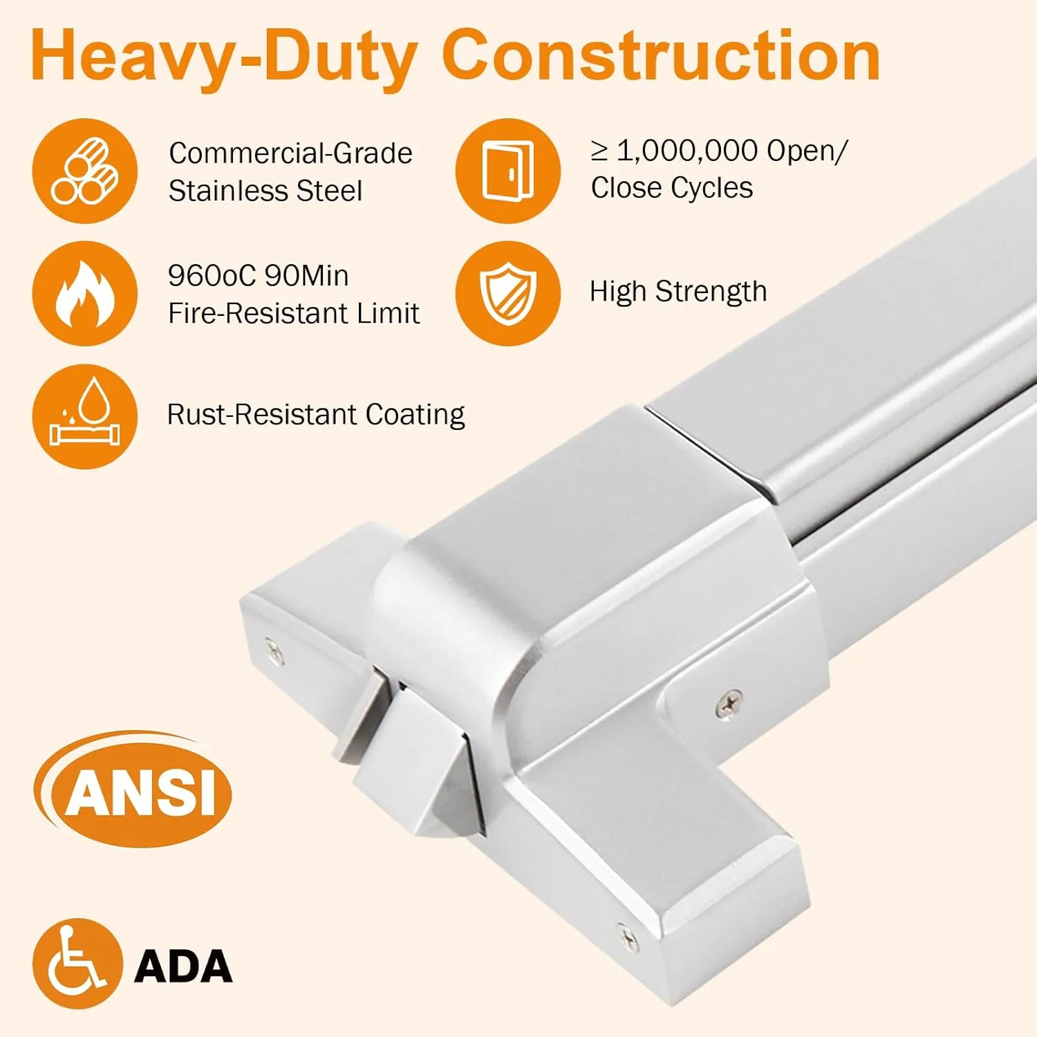 BEAMNOVA 32 inch Commercial Door Push Bar Panic Exit Device Exterior Lever Lock Key Allen Key 2-in-1 Set Roller Strike Plate End Cap, for 32.5 to 47.2 inches Wide Door, Metallic