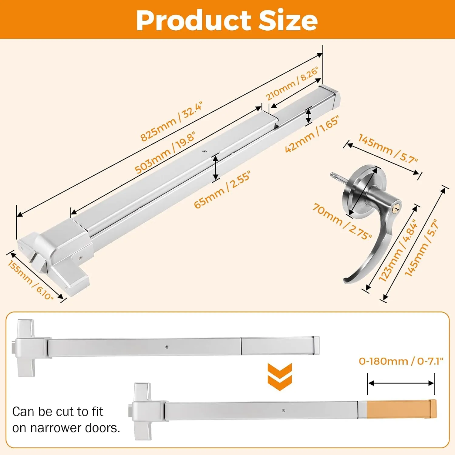 BEAMNOVA 32 inch Commercial Door Push Bar Panic Exit Device Exterior Lever Lock Key Allen Key 2-in-1 Set Roller Strike Plate End Cap, for 32.5 to 47.2 inches Wide Door, Metallic