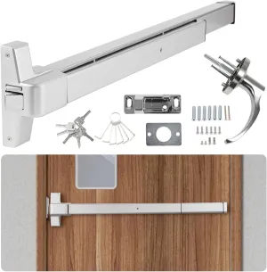 BEAMNOVA 32 inch Commercial Door Push Bar Panic Exit Device Exterior Lever Lock Key Allen Key 2-in-1 Set Roller Strike Plate End Cap, for 32.5 to 47.2 inches Wide Door, Metallic