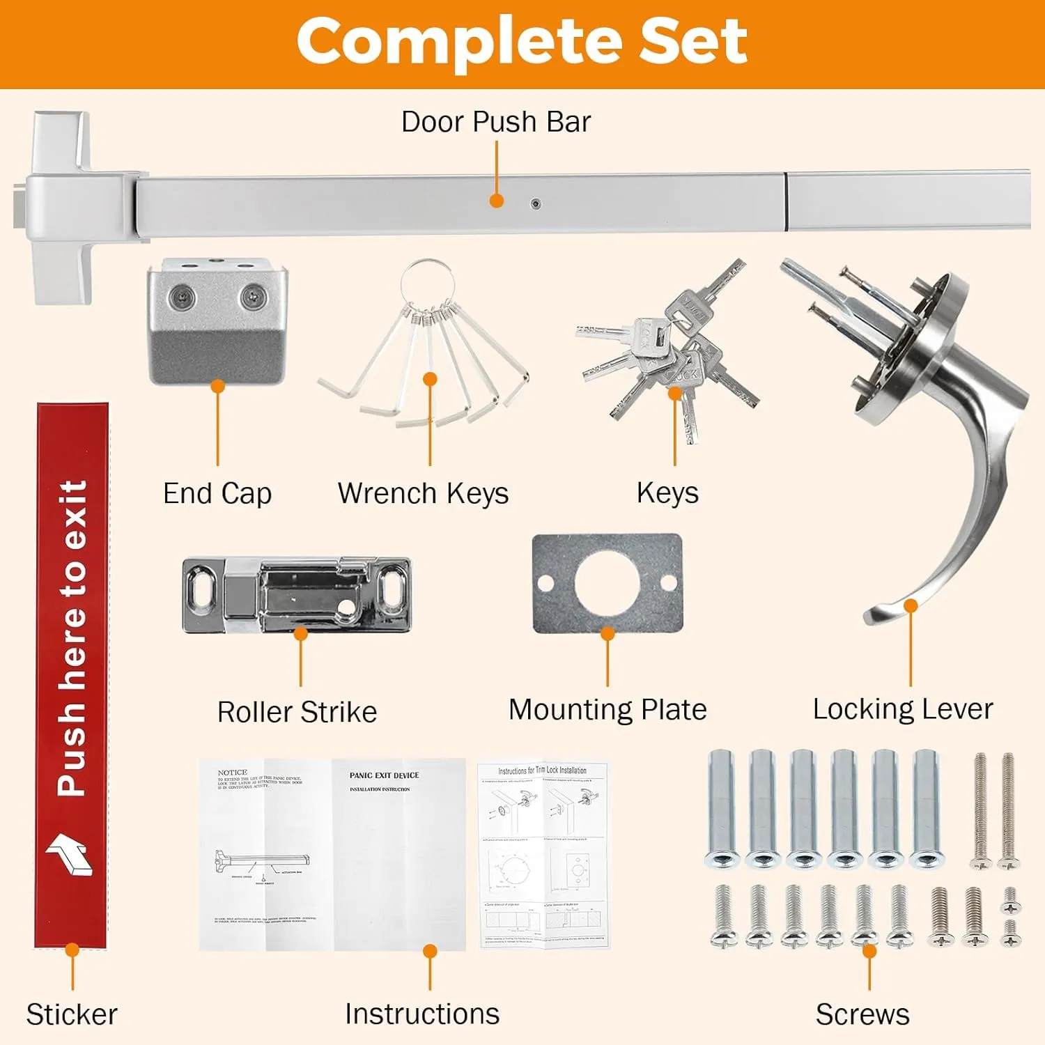 BEAMNOVA 32 inch Commercial Door Push Bar Panic Exit Device Exterior Lever Lock Key Allen Key 2-in-1 Set Roller Strike Plate End Cap, for 32.5 to 47.2 inches Wide Door, Metallic