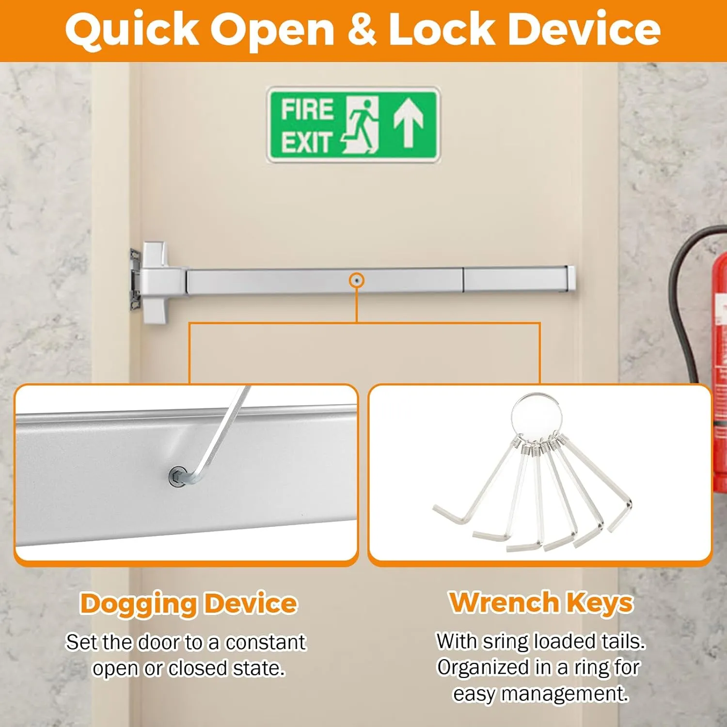BEAMNOVA 32 inch Commercial Door Push Bar Panic Exit Device Exterior Lever Lock Key Allen Key 2-in-1 Set Roller Strike Plate End Cap, for 32.5 to 47.2 inches Wide Door, Metallic