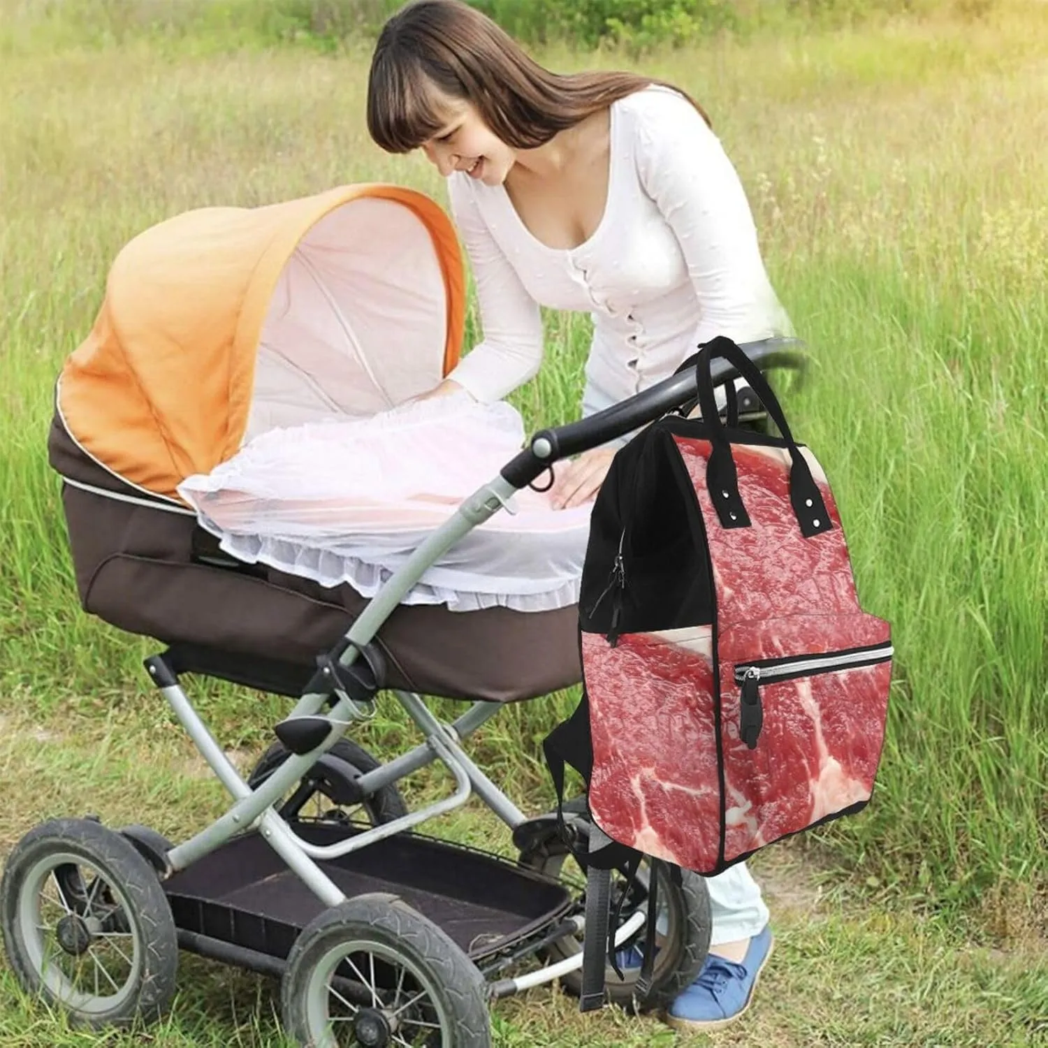 Beef Meat Diaper Bag Backpack For Baby Girls, Mom Waterproof Large Nappy Bags For Women