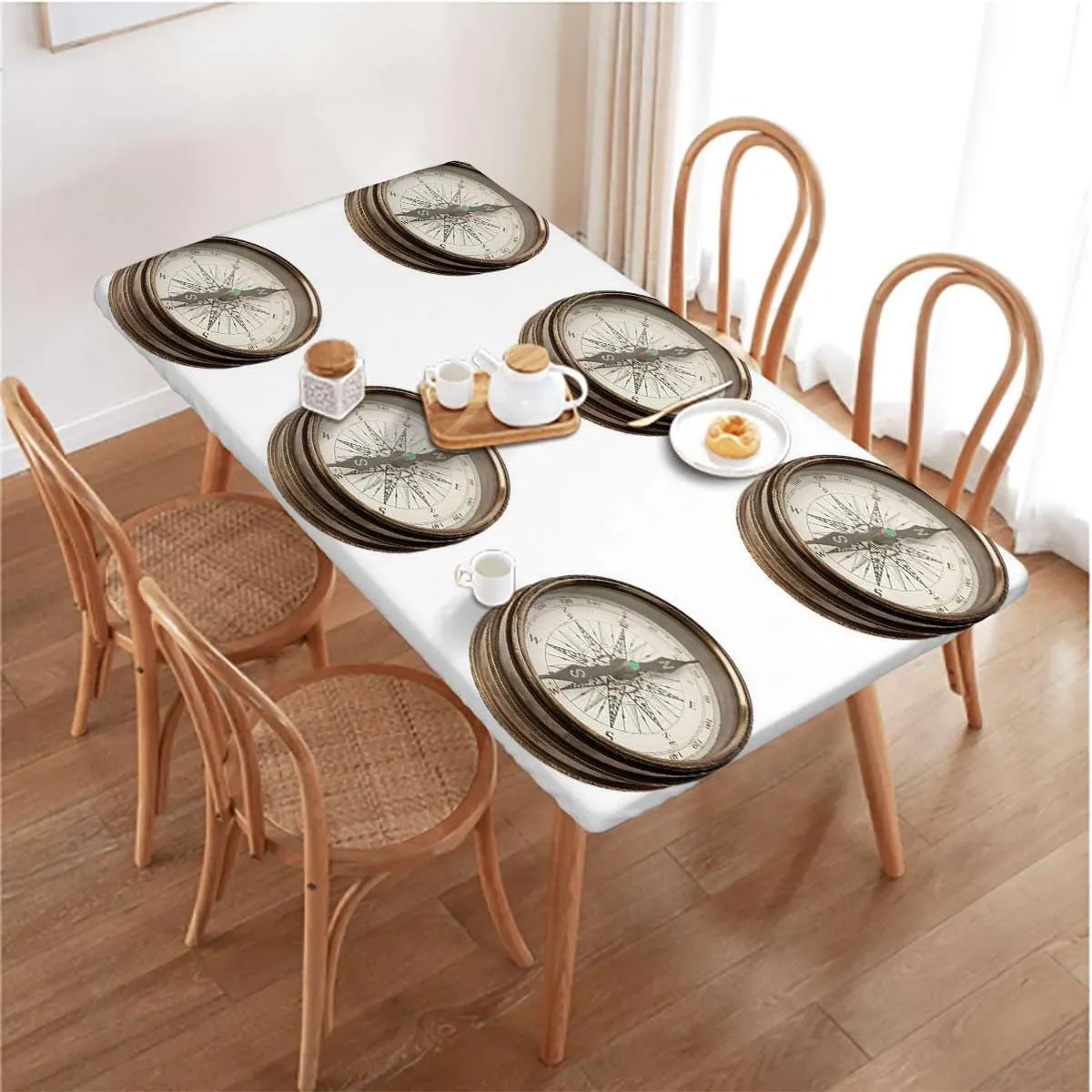 Beige Brown Rectangular Table Covers, Vintage Navigation Voyage Sextant Tools Elastic Oilproof Waterproof Tablecloth Compass Fits up 5 Foot Tables