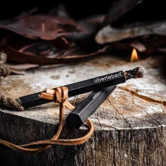 überleben Tindår Tinder Wick & Bellow Fire Starter Kit - Waterproof, 60 Min Burn Time - Paraffin Wax Rope Hemp Wick and Bellow Bushcraft Survival Kit - Black Aluminum Sleeve & Slider Box