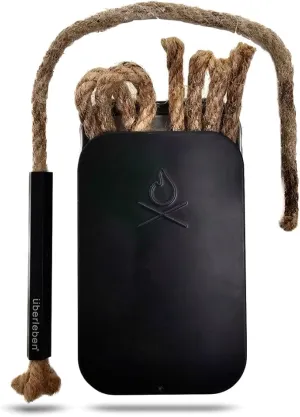 überleben Tindår Tinder Wick & Bellow Fire Starter Kit - Waterproof, 60 Min Burn Time - Paraffin Wax Rope Hemp Wick and Bellow Bushcraft Survival Kit - Black Aluminum Sleeve & Slider Box
