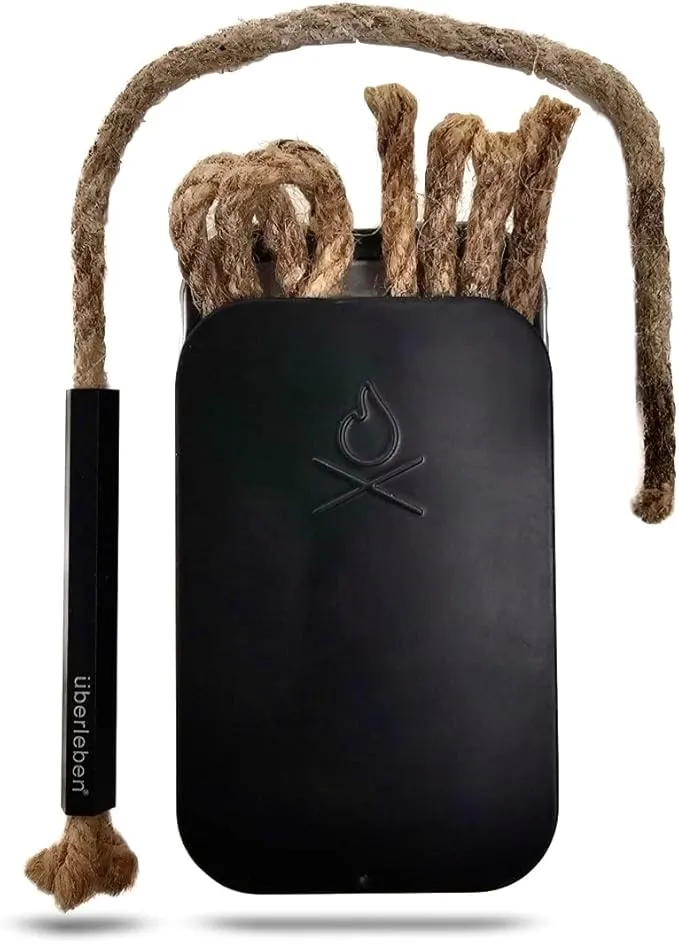 überleben Tindår Tinder Wick & Bellow Fire Starter Kit - Waterproof, 60 Min Burn Time - Paraffin Wax Rope Hemp Wick and Bellow Bushcraft Survival Kit - Black Aluminum Sleeve & Slider Box