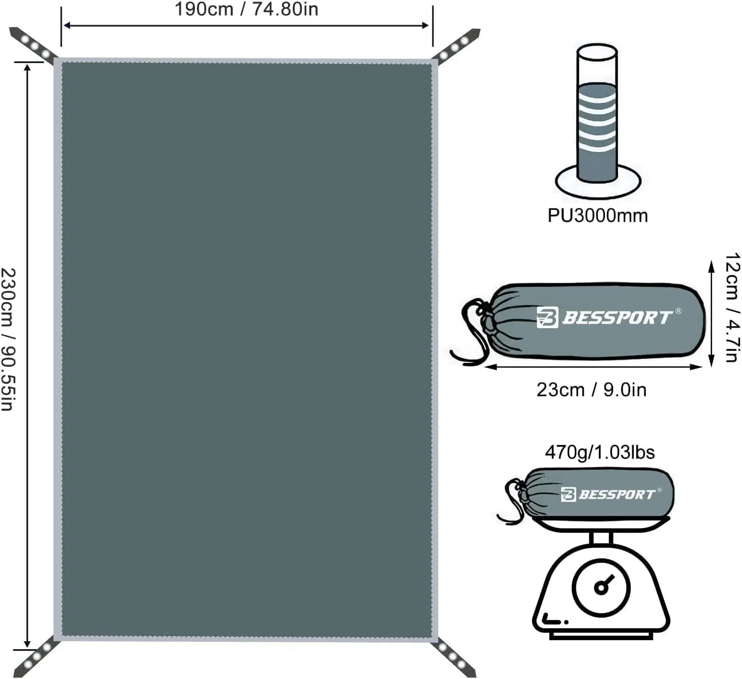 Bessport Tent Footprint for 1-2-3-4 Person Tent Waterproof Camping Tarp with Drawstring Carrying Bag for Picnic, Hiking and Other Outdoor Activities