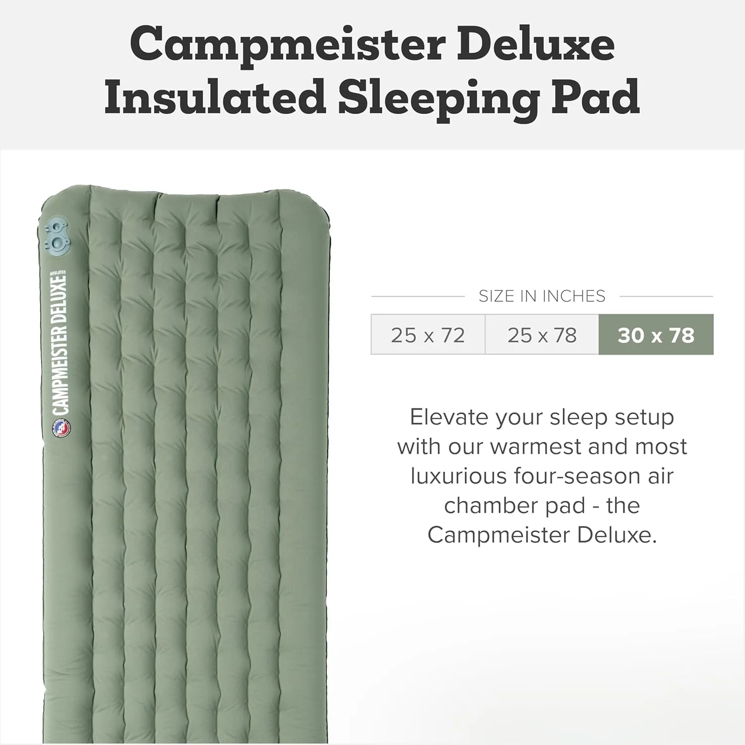 Big Agnes Campmeister Deluxe - Insulated Sleeping Pad, Ultralight Inflatable Mat for Camping, All Season Compact Backpacking and Hiking, 30x78 Extra Wide Long