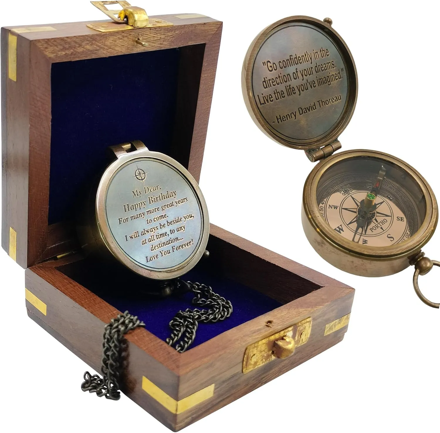 Birthday Message, Love You Forever & Go Confidently Quote Engraved Pocket Compass Gifts with Wooden Box for Baptism Anniversary First Communion Confirmation Birthday Gift for Son Daughter Boys Girls