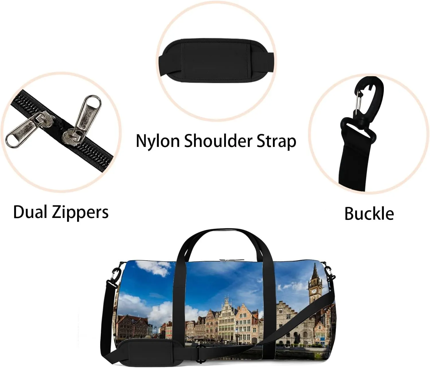 Blue Europe Belgium Medieval Town Sports Bag Tote Bag Waterproof Gym Bag with Shoulder Strap Zipper 2 Side Pockets for Men and Women, Travel and Storage Shoulder Bag.