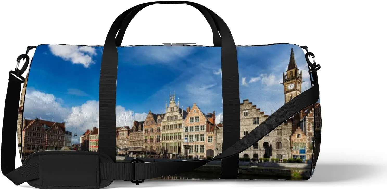 Blue Europe Belgium Medieval Town Sports Bag Tote Bag Waterproof Gym Bag with Shoulder Strap Zipper 2 Side Pockets for Men and Women, Travel and Storage Shoulder Bag.