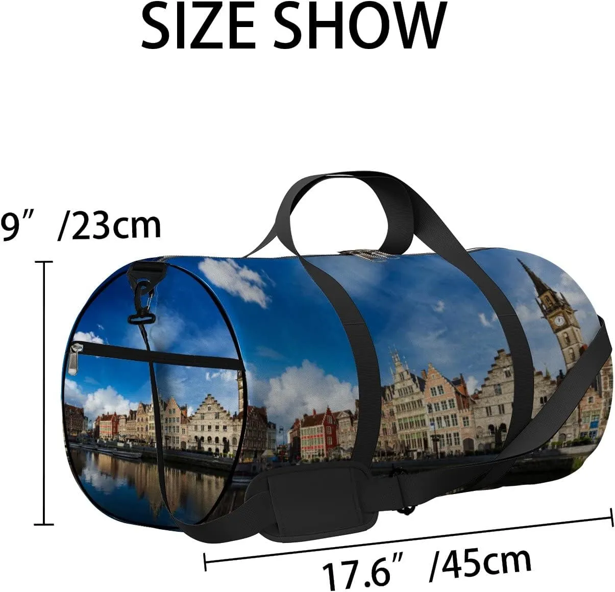 Blue Europe Belgium Medieval Town Sports Bag Tote Bag Waterproof Gym Bag with Shoulder Strap Zipper 2 Side Pockets for Men and Women, Travel and Storage Shoulder Bag.