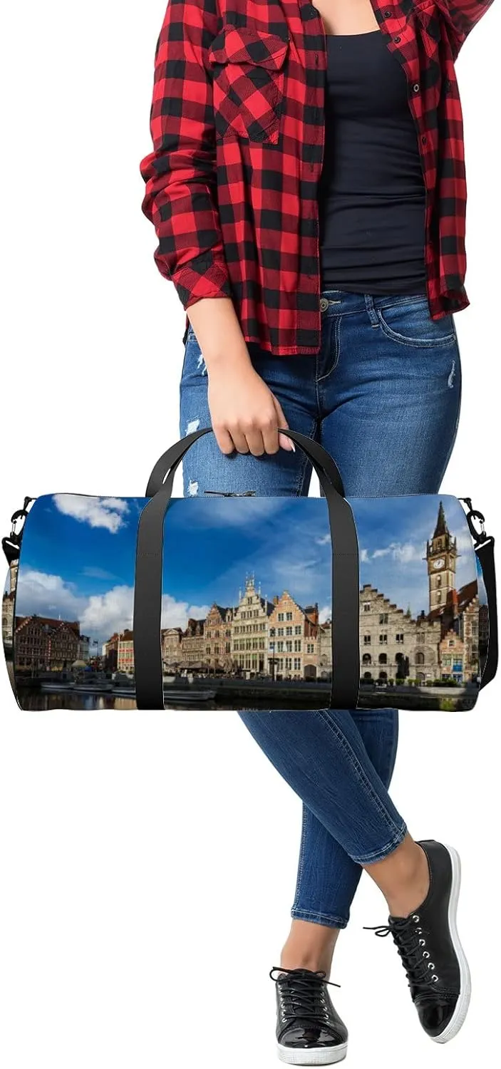Blue Europe Belgium Medieval Town Sports Bag Tote Bag Waterproof Gym Bag with Shoulder Strap Zipper 2 Side Pockets for Men and Women, Travel and Storage Shoulder Bag.