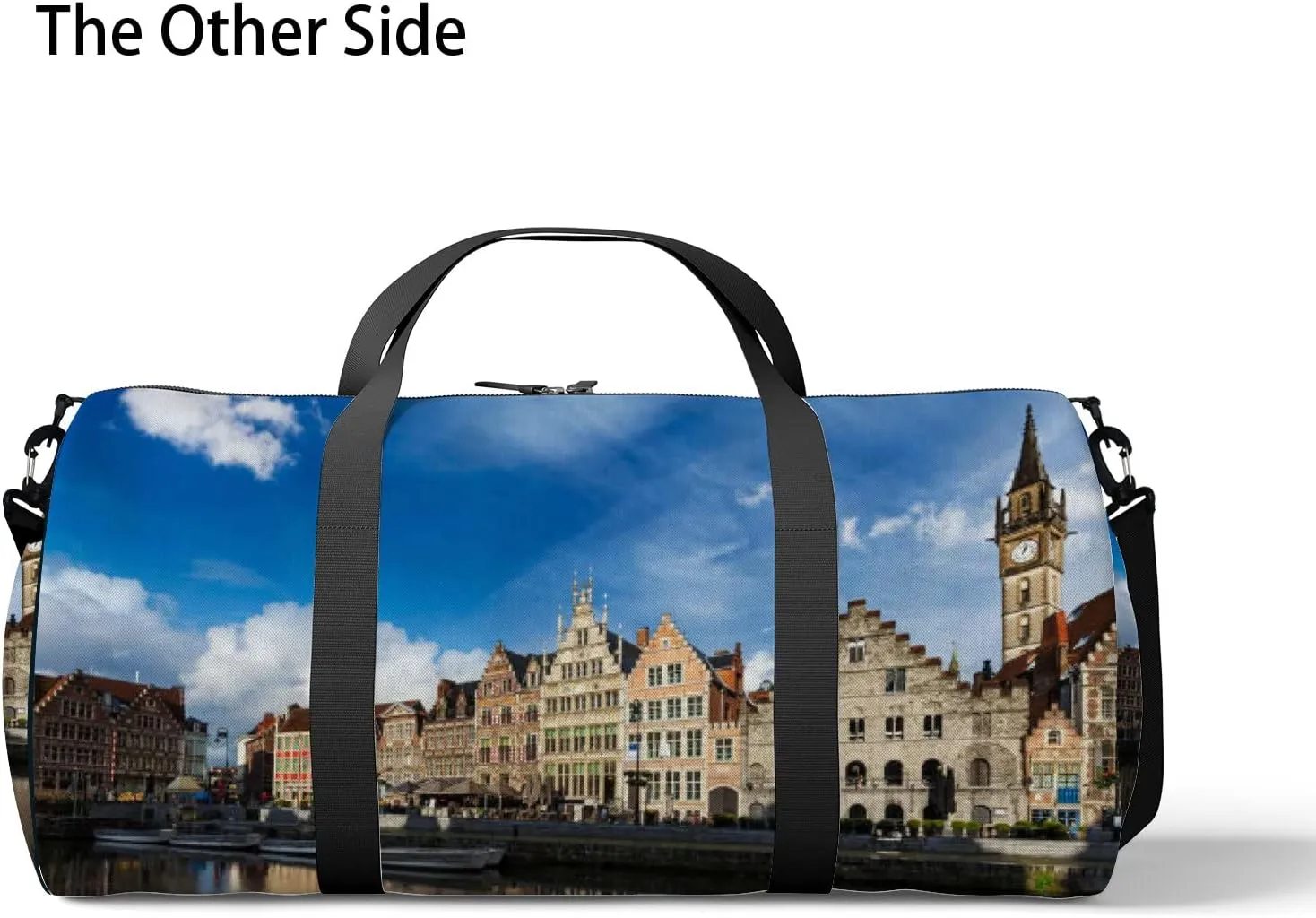 Blue Europe Belgium Medieval Town Sports Bag Tote Bag Waterproof Gym Bag with Shoulder Strap Zipper 2 Side Pockets for Men and Women, Travel and Storage Shoulder Bag.