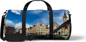 Blue Europe Belgium Medieval Town Sports Bag Tote Bag Waterproof Gym Bag with Shoulder Strap Zipper 2 Side Pockets for Men and Women, Travel and Storage Shoulder Bag.