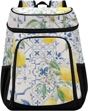 Bohemian Lemon Blue Print Cooler Backpack Cooler Insulated Leak Proof Lunch Backpack 36 Cans Waterproof Soft for Men Women Picnic Hiking Camping Beach