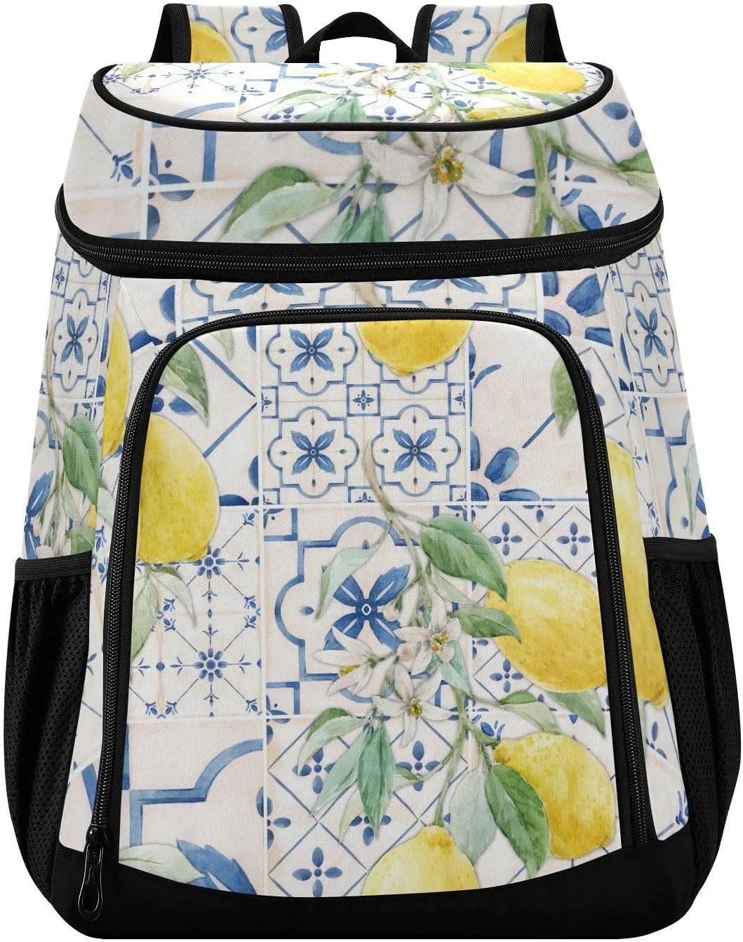 Bohemian Lemon Blue Print Cooler Backpack Cooler Insulated Leak Proof Lunch Backpack 36 Cans Waterproof Soft for Men Women Picnic Hiking Camping Beach
