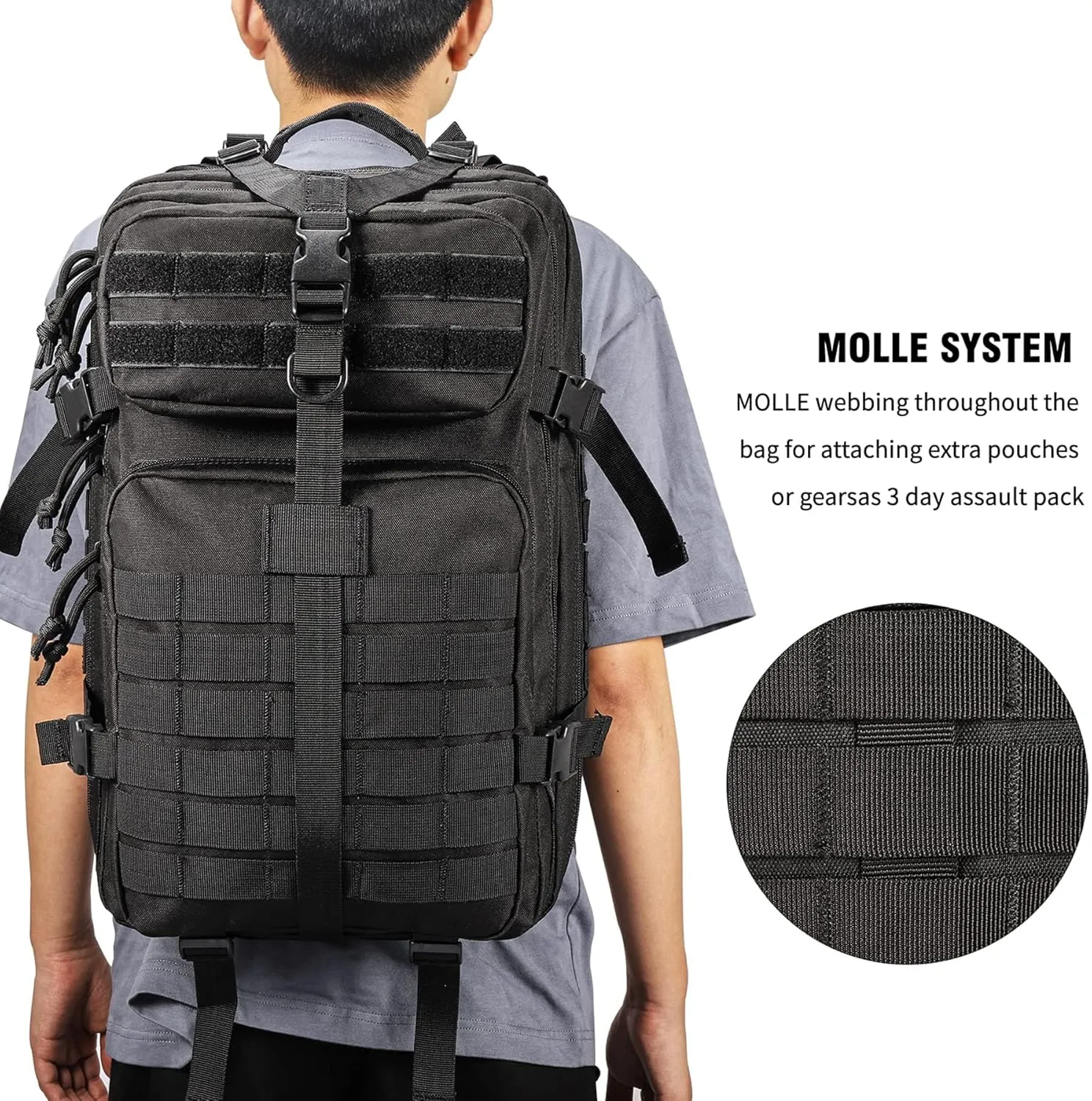 BOMTURN Tactical Military Backpack Molle Bag: 45L Waterproof Large Backpack Rucksack Army 3 Day Assault Survival Bag Pack