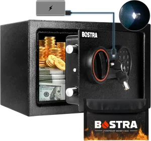 Bostra Fireproof Safe Box with Sensor Light & Fireproof Bag, Money Safe Box with Digital Keypad,Security Safe Box for Home, 0.5 Cubic Small Safe with Keys & Pass Code for Cash Jewelry