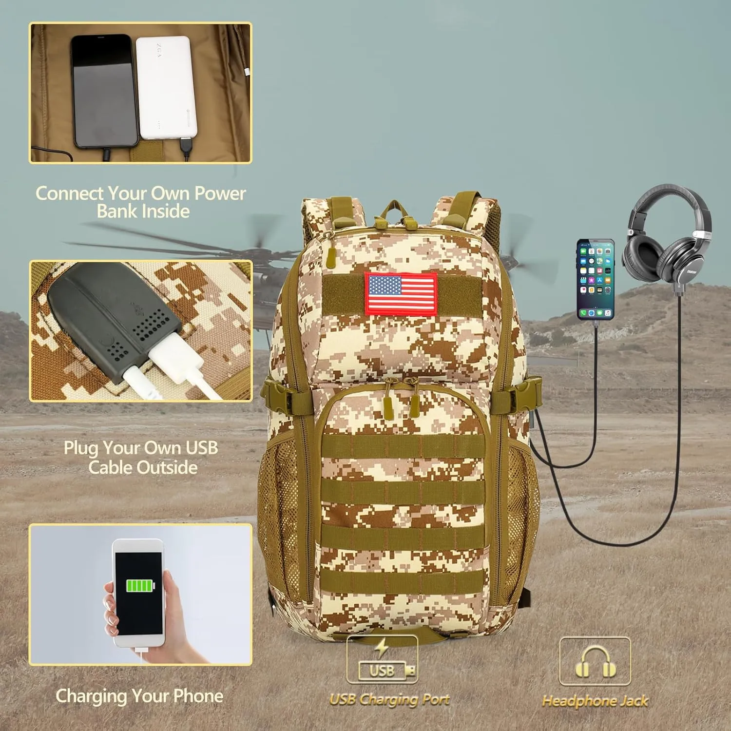 Boys Backpack for School,Military Teen Boys Backpack with USB Charging Pot,Camo Backpack Men 40L