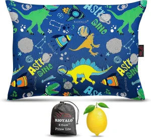 Boys Inflatable Camping Pillow Lite Kids w. Removable X-Form Padded Cover | Space Dinosaur | Comfort, Washable, Compact, Ultralight, Packable | Backpacking Hiking Travel Air Sleepover Scout
