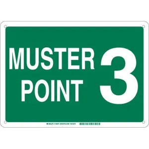 Brady 139682 Aluminum "Muster Point 3" Sign, Text, 10" H x 14" W, White on Green