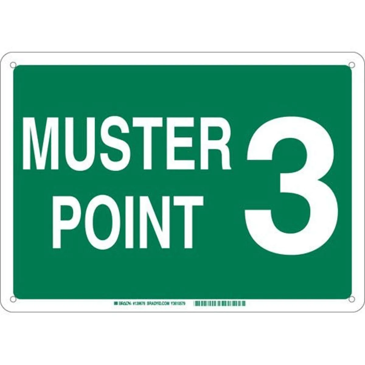 Brady 139682 Aluminum "Muster Point 3" Sign, Text, 10" H x 14" W, White on Green