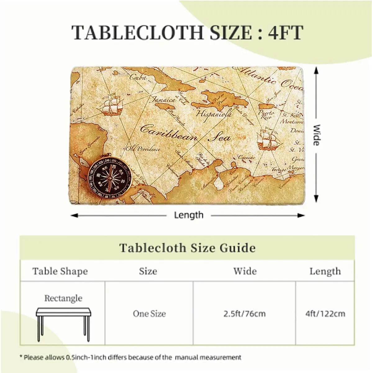 Brown Fitted Table Cover for Square Tables Treasure Hunt Map with Small Compass Tablecloth Fitted Rectangle Elastic Edged Table Cover Waterproof ?Fabric Bohemian Style Fits up 4 Foot Tables