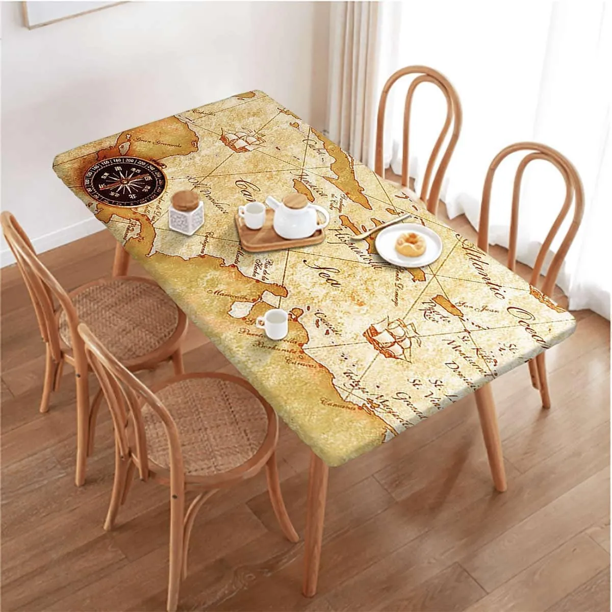 Brown Fitted Table Cover for Square Tables Treasure Hunt Map with Small Compass Tablecloth Fitted Rectangle Elastic Edged Table Cover Waterproof ?Fabric Bohemian Style Fits up 4 Foot Tables