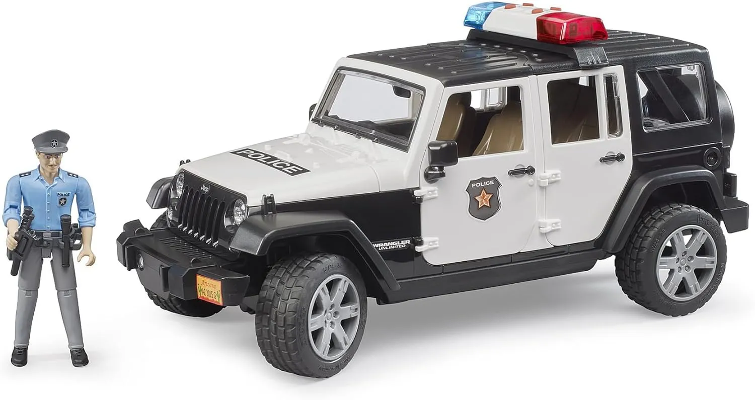 Bruder Toys - Emergency Realistic Jeep Wrangler Unlimited Rubicon Police Vehicle with Light Skintoned Policeman and Light and Sound Module with 4 Different Sounds - Ages 4 
