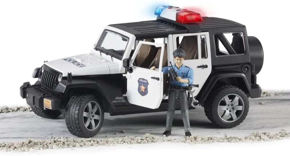 Bruder Toys - Emergency Realistic Jeep Wrangler Unlimited Rubicon Police Vehicle with Light Skintoned Policeman and Light and Sound Module with 4 Different Sounds - Ages 4 