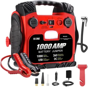 BS ONE 1000 Amp Peak Current Car Jump Stater, 12V Lead Acid Battey Jump Box with 260PSI Air Compressor, Jump Starter Battery Pack with Led Light & USB Output