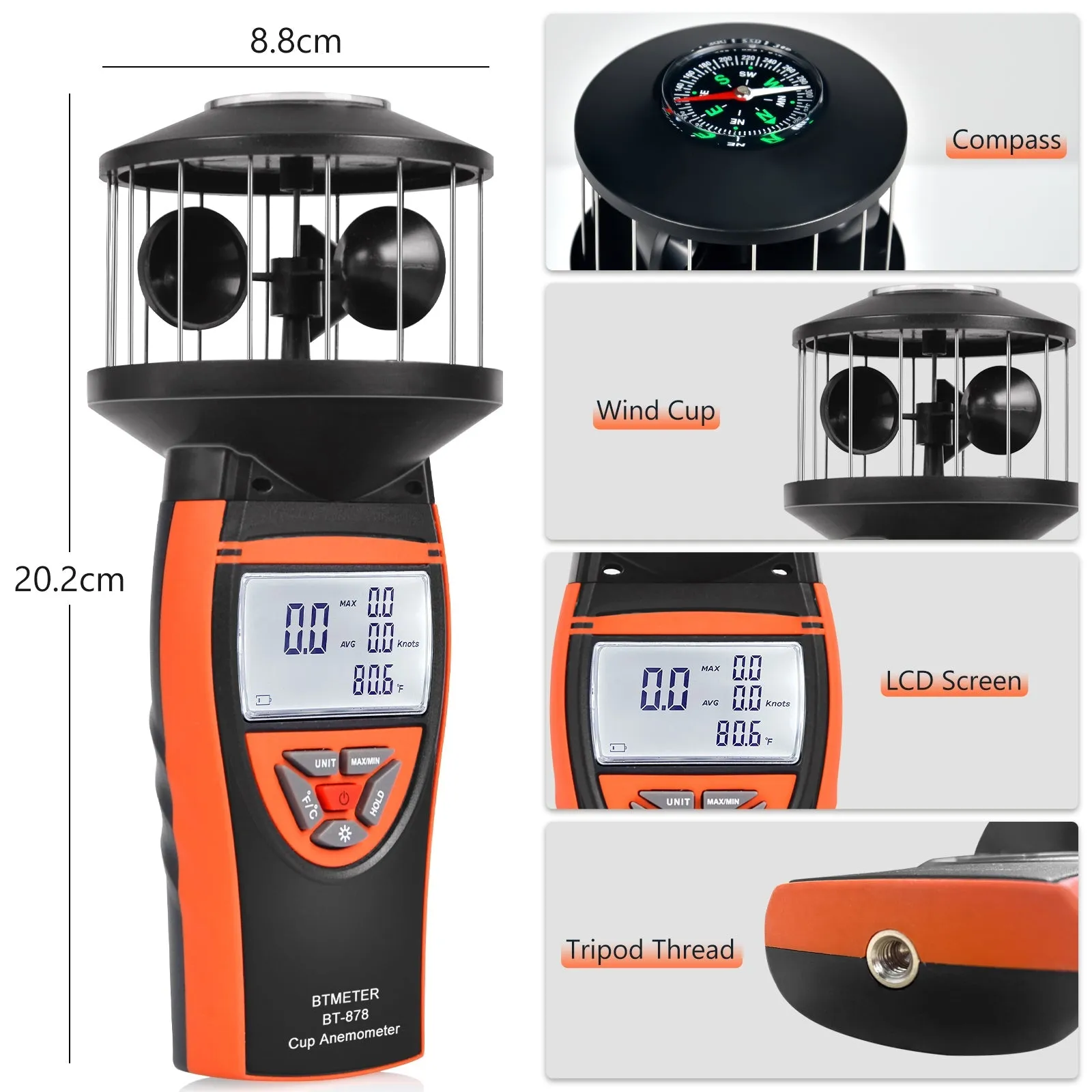 BTMETER BT-878 Non-Directional Cup Anemometer - Measures Wind Speed Meter with Backlit TemperatureDisplay, for Outdoor Air Velocity Testing