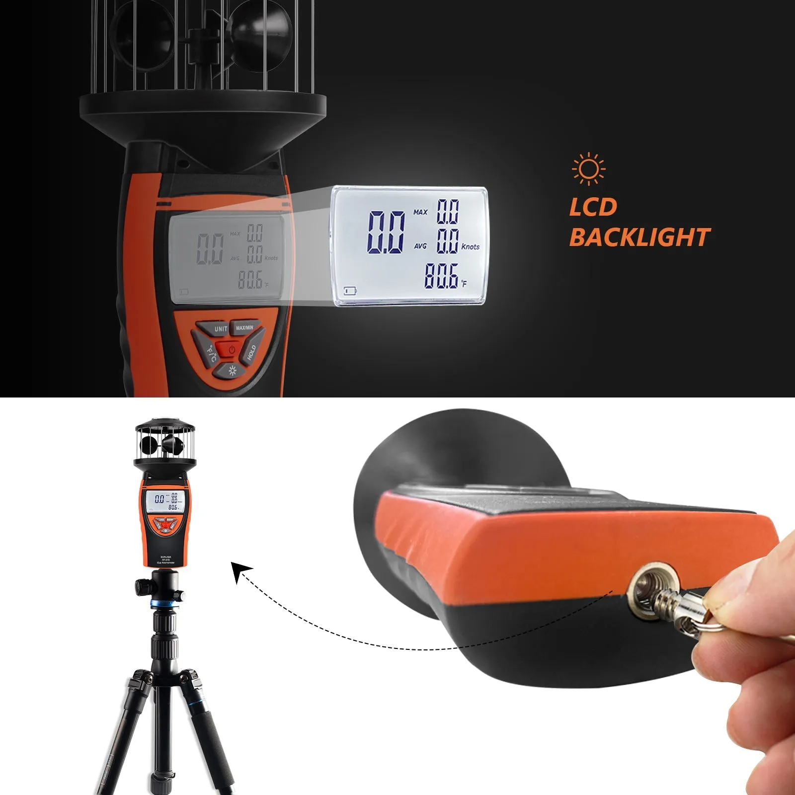 BTMETER BT-878 Non-Directional Cup Anemometer - Measures Wind Speed Meter with Backlit TemperatureDisplay, for Outdoor Air Velocity Testing