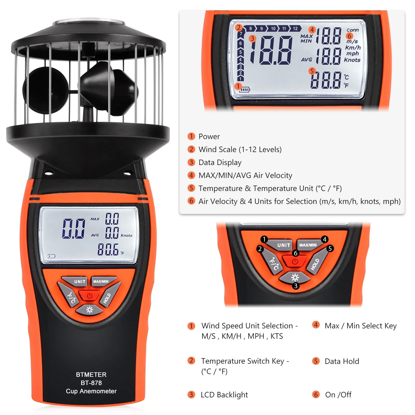 BTMETER BT-878 Non-Directional Cup Anemometer - Measures Wind Speed Meter with Backlit TemperatureDisplay, for Outdoor Air Velocity Testing