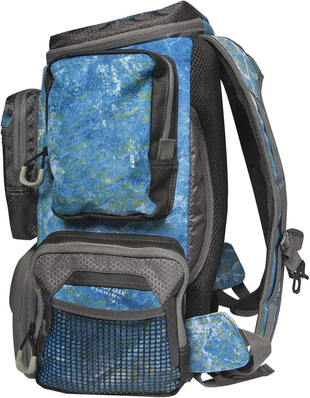 Calcutta Squall Tactical Tackle Backpack | Mossy Oak Shoreline Pattern | 3 3600 Tackle Trays | Durable Fishing Tackle Bag | Padded Backpack Straps | 2 Leader Wheel Pockets