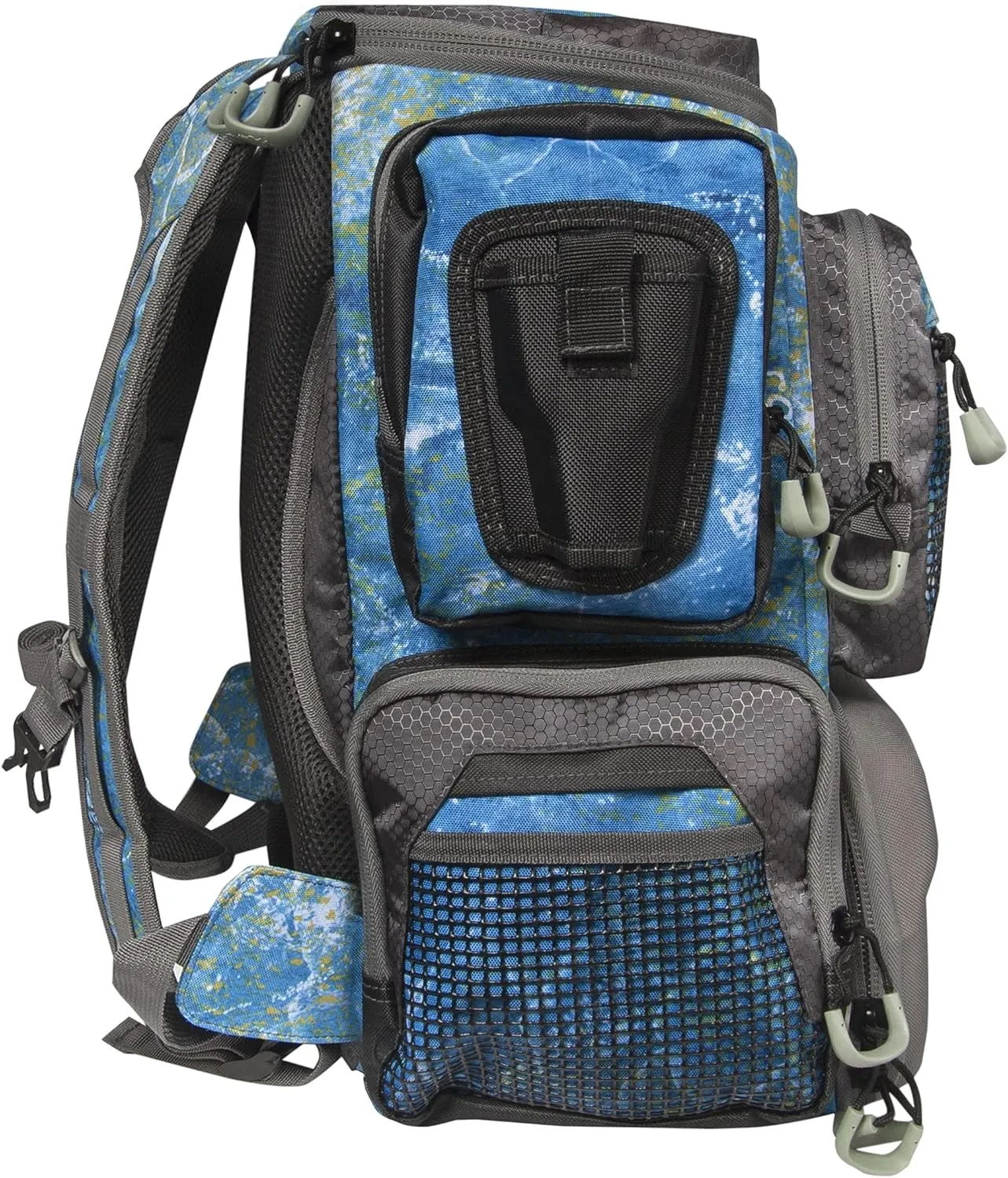 Calcutta Squall Tactical Tackle Backpack | Mossy Oak Shoreline Pattern | 3 3600 Tackle Trays | Durable Fishing Tackle Bag | Padded Backpack Straps | 2 Leader Wheel Pockets