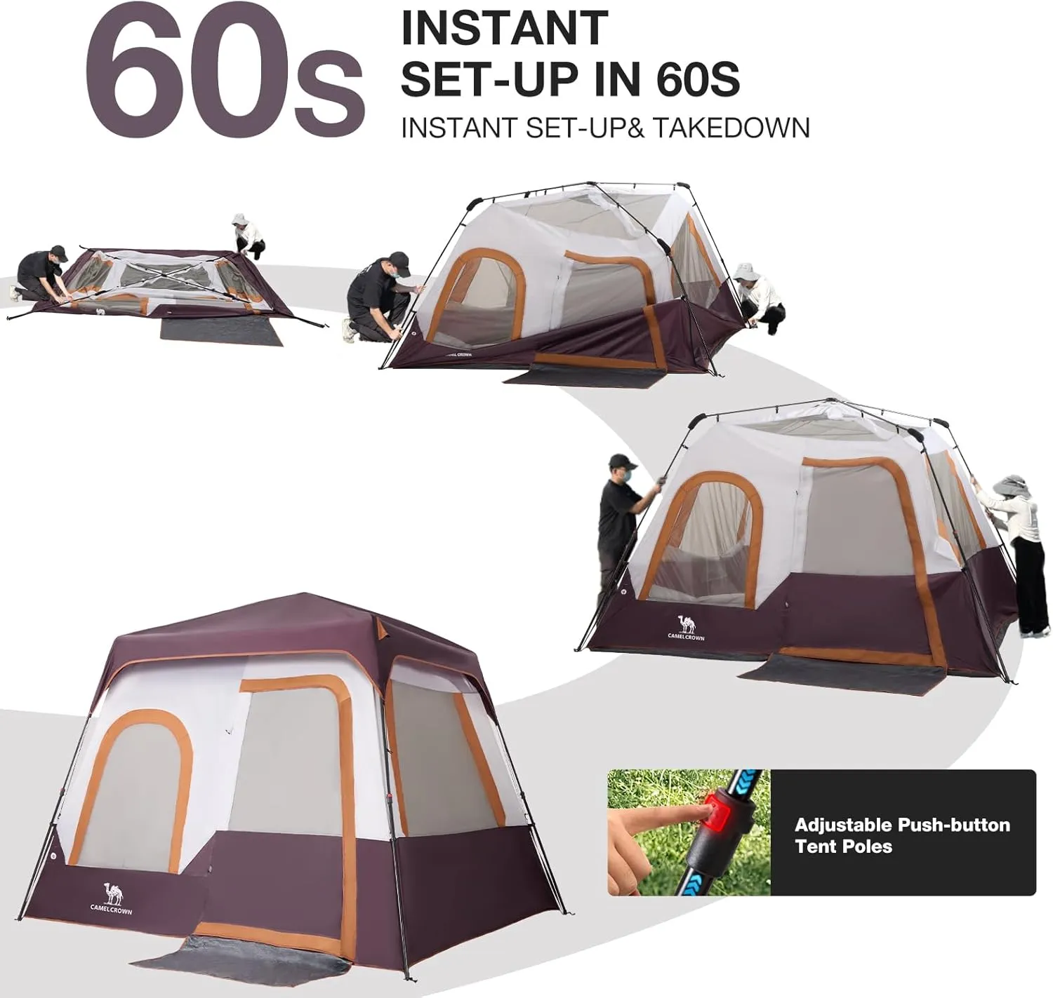 CAMEL CROWN Cabin Tent with 1-Minute Setup, 5/6 Person Instant Tent with with Pre-Attached Poles,Weatherproof Floor