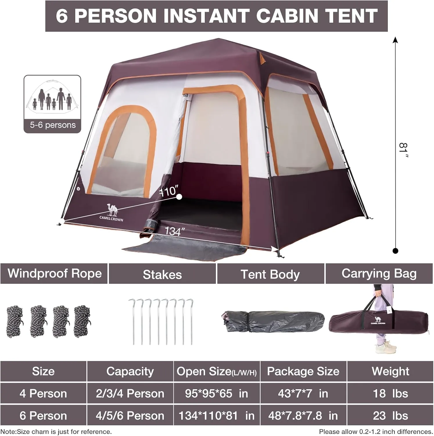 CAMEL CROWN Cabin Tent with 1-Minute Setup, 5/6 Person Instant Tent with with Pre-Attached Poles,Weatherproof Floor