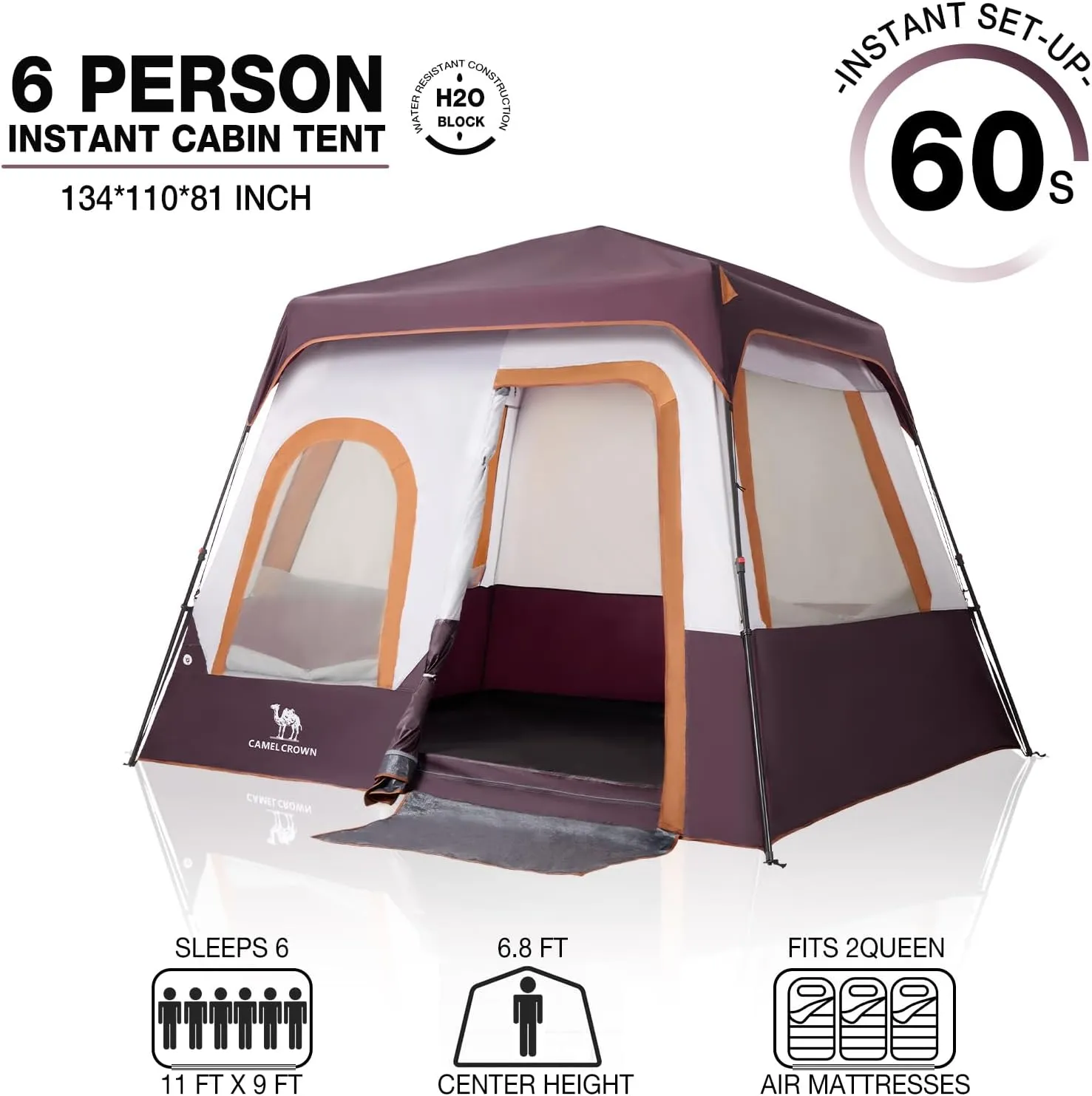 CAMEL CROWN Cabin Tent with 1-Minute Setup, 5/6 Person Instant Tent with with Pre-Attached Poles,Weatherproof Floor