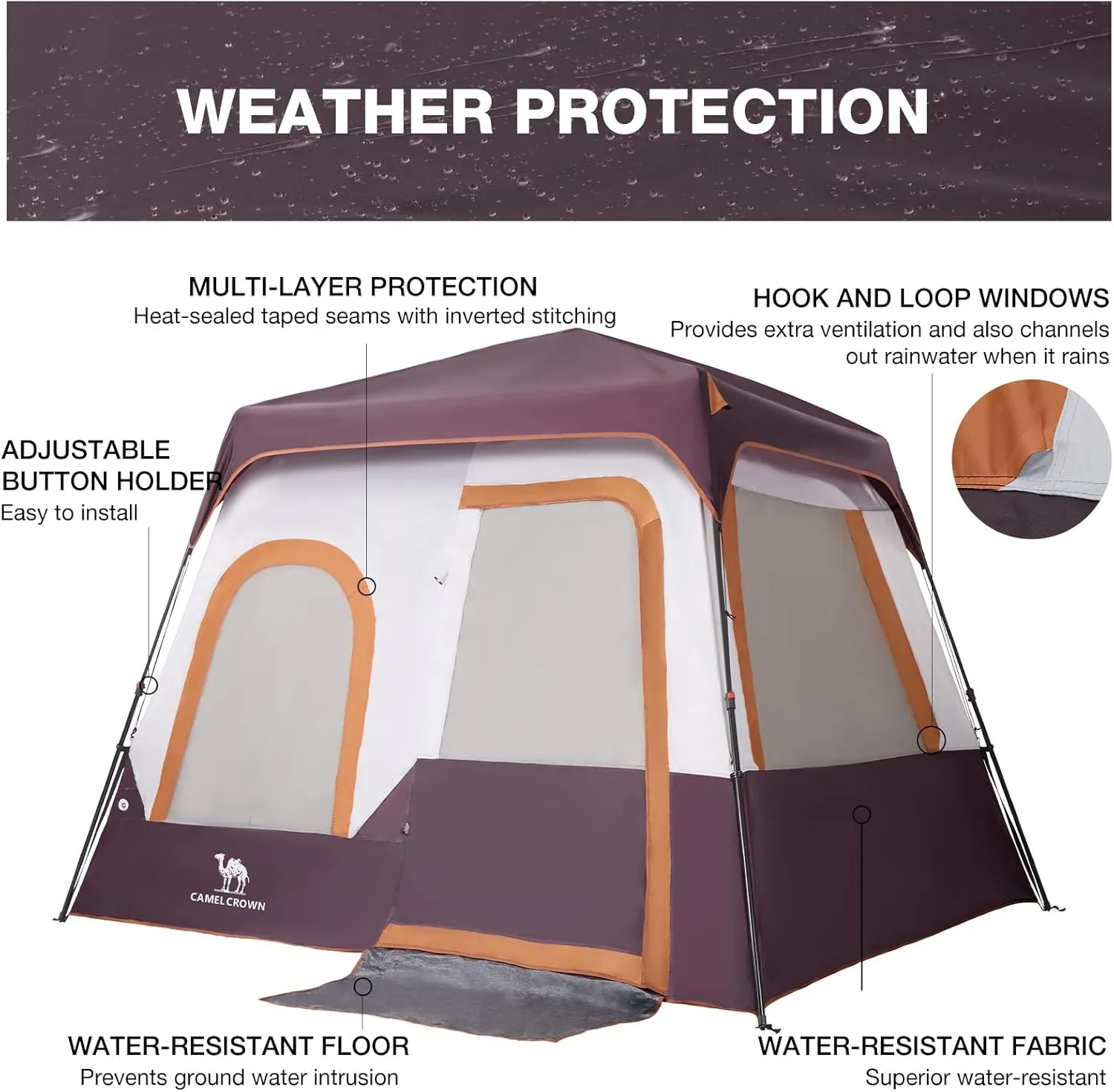 CAMEL CROWN Cabin Tent with 1-Minute Setup, 5/6 Person Instant Tent with with Pre-Attached Poles,Weatherproof Floor