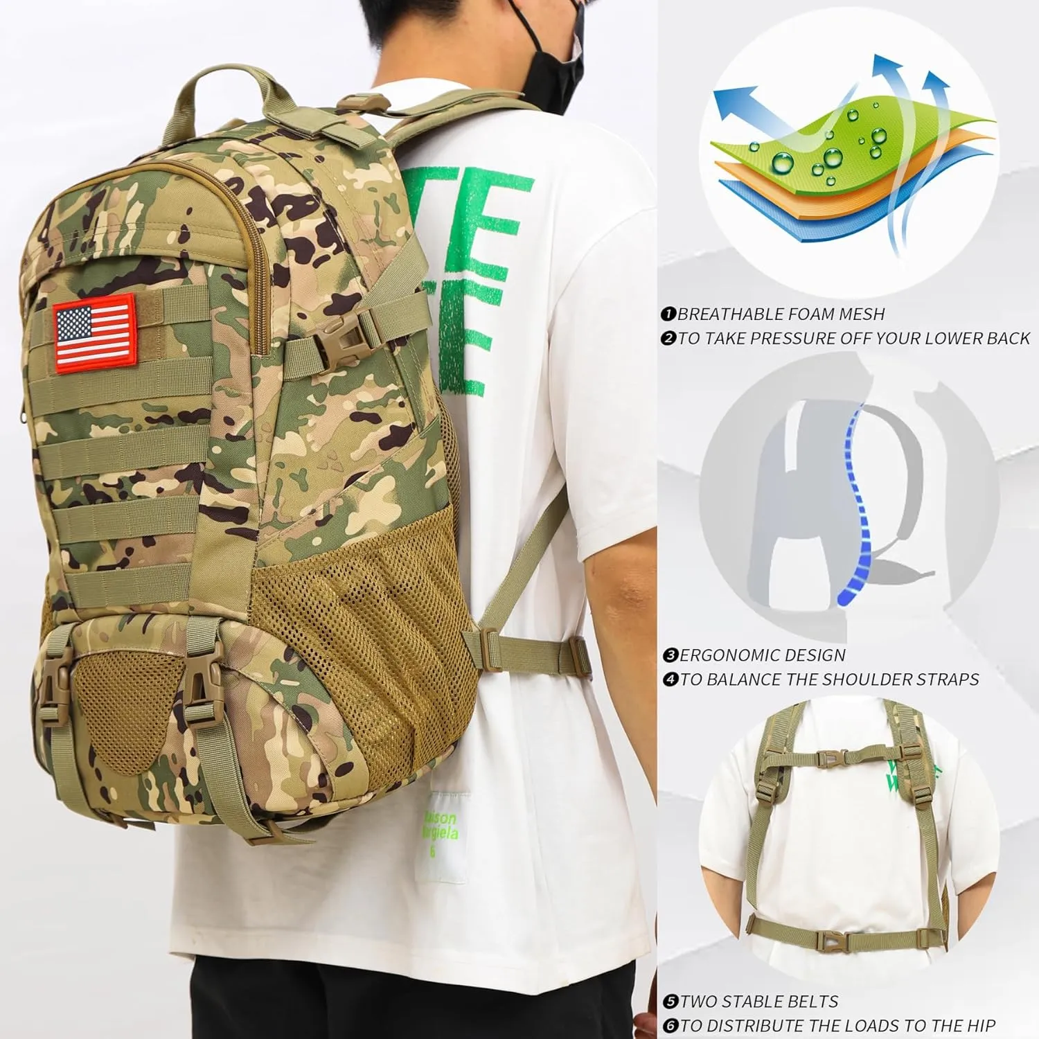 Camo Backpack,Military Tactical Backpack for Men with Flag Patch,30L School Backpack for Outdoor