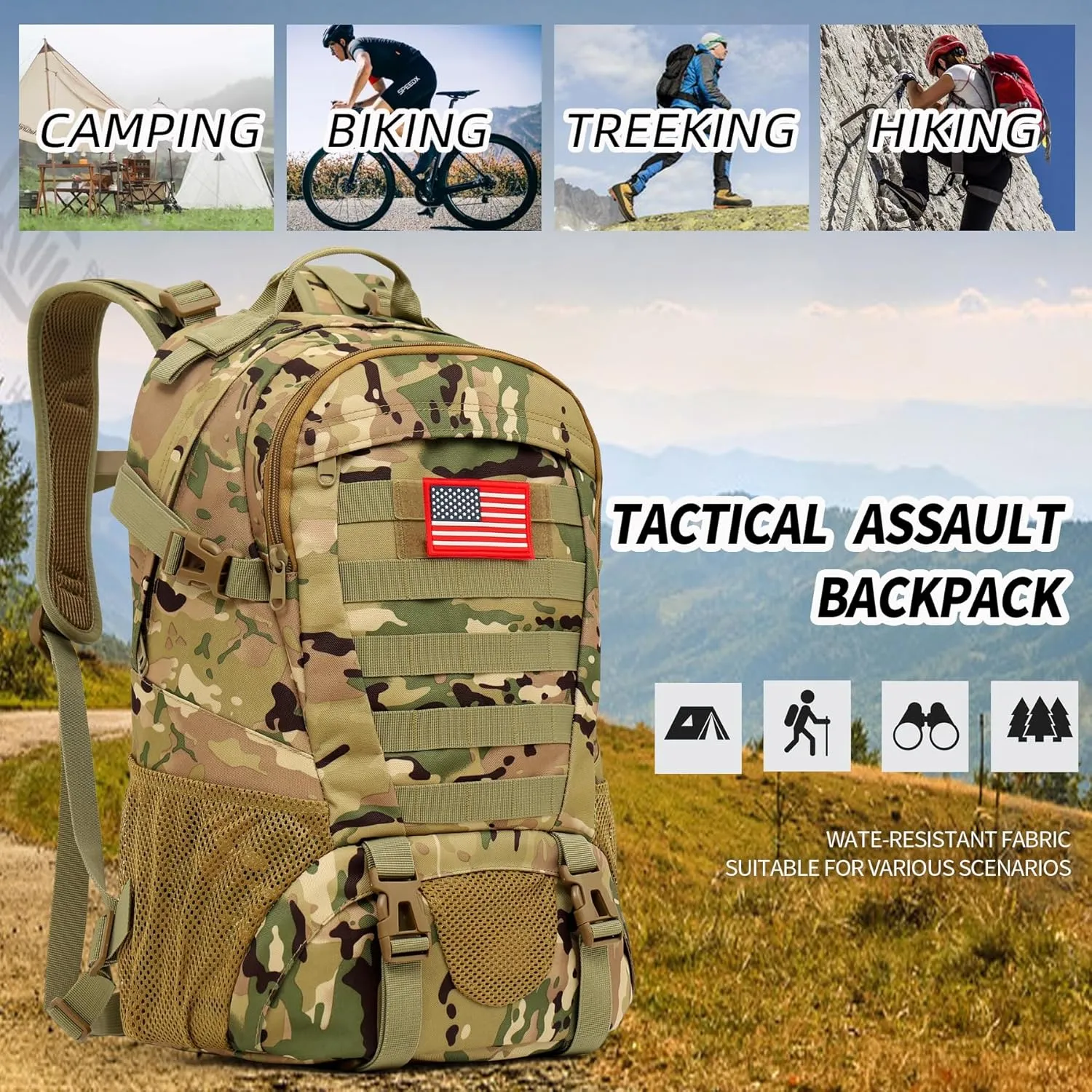 Camo Backpack,Military Tactical Backpack for Men with Flag Patch,30L School Backpack for Outdoor