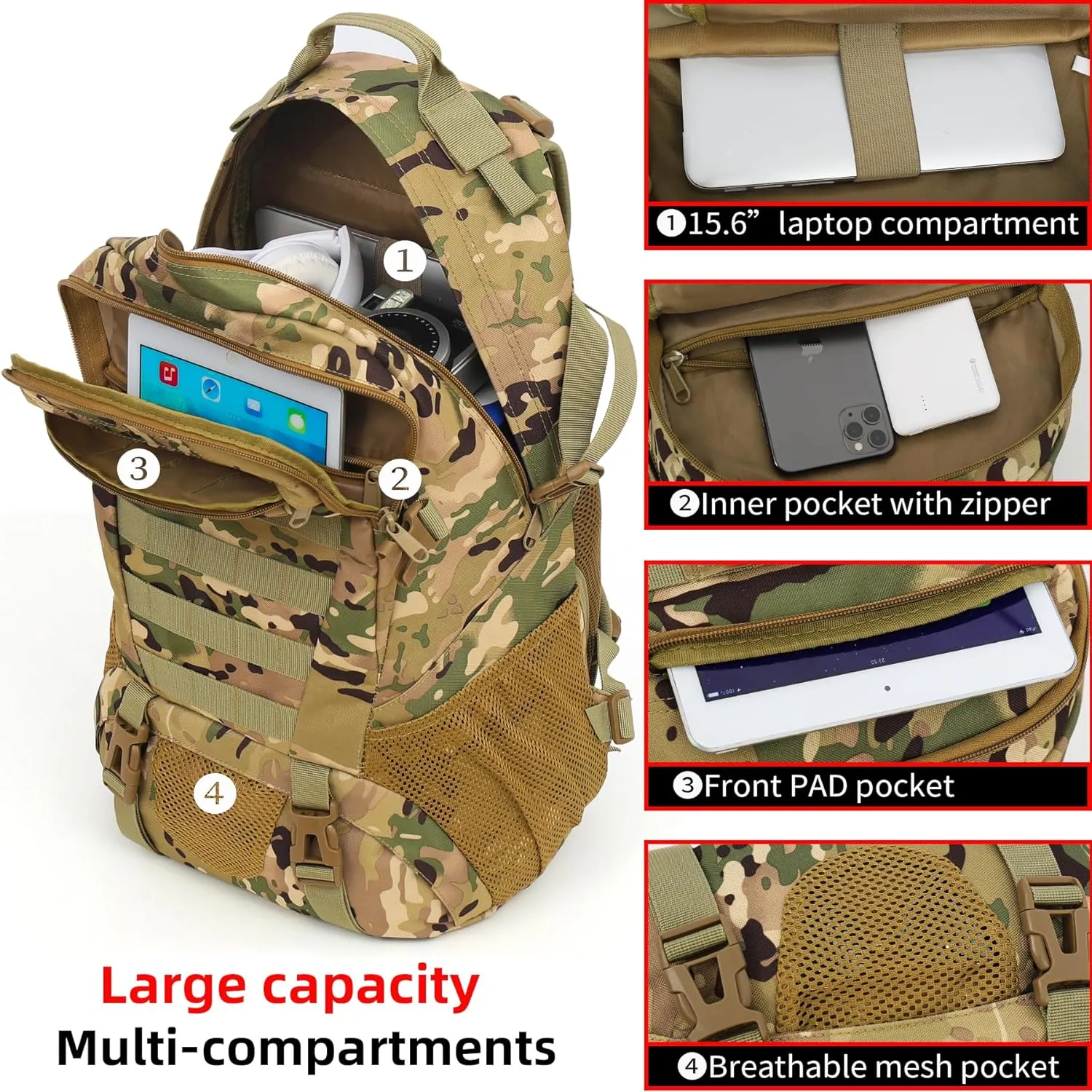 Camo Backpack,Military Tactical Backpack for Men with Flag Patch,30L School Backpack for Outdoor