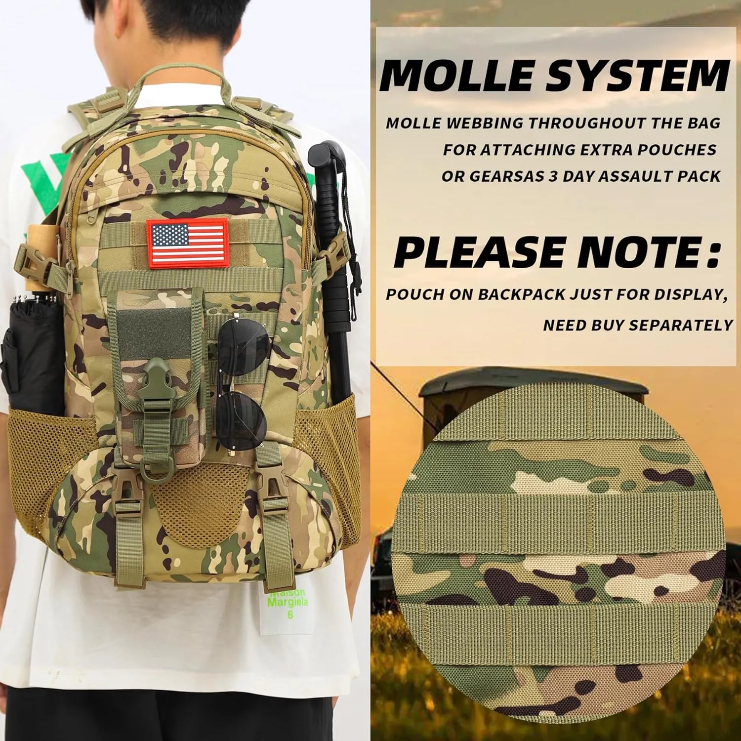 Camo Backpack,Military Tactical Backpack for Men with Flag Patch,30L School Backpack for Outdoor